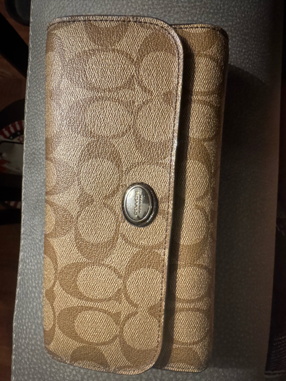 Coach Signature Canvas Continental Wallet in Brown and Tan with check book cover